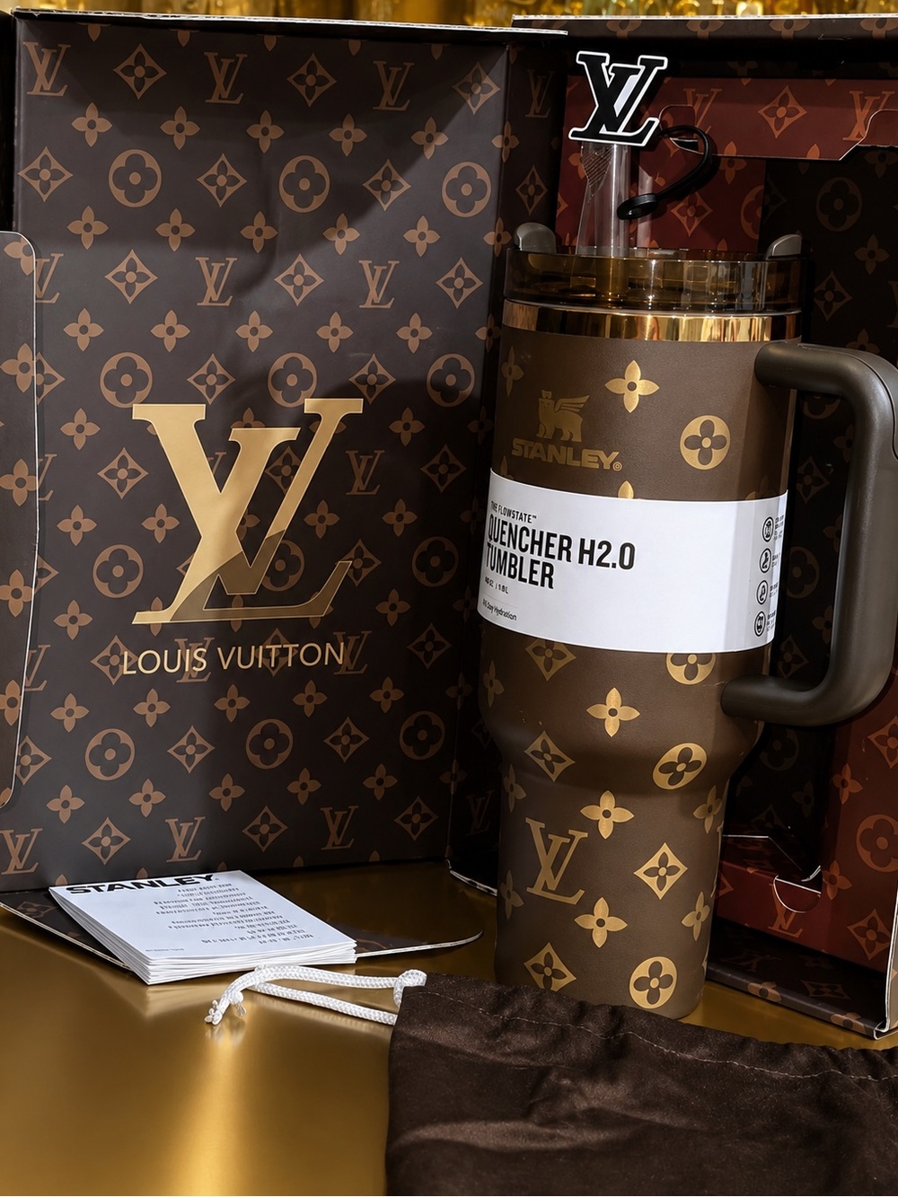 🔥  🔥. Luxury Stanley Brown and Gold LV  Quencher H2.0 Tumbler With Gift Box 🎁